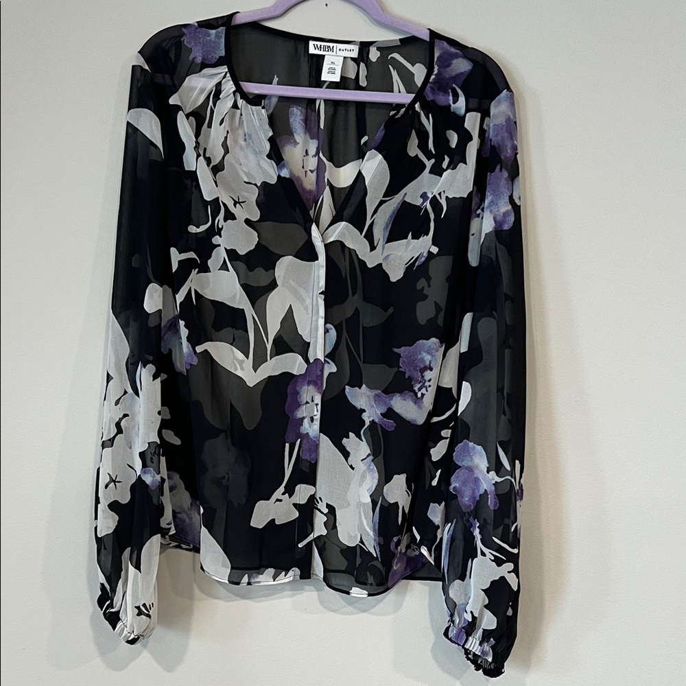 White House Black Market Sheer Black and Purple Blouse